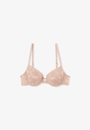 Lace blush bra with underwire and thin, adjustable straps. Floral pattern and scalloped trim add detail to the cups and band.