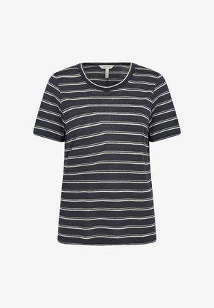 T-shirt à manches courtes bleu marine avec des rayures horizontales blanches, col rond, texture douce et coupe décontractée.