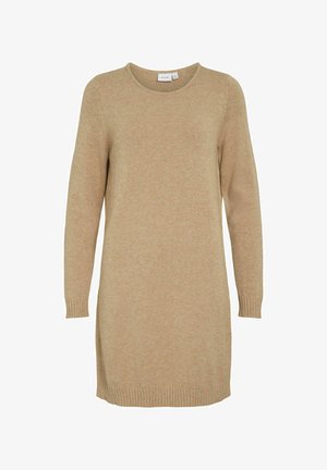 Beżowa dzianinowa sukienka z długim rękawem, okrągłym dekoltem, prążkowanymi mankietami i dołem. Miękka tekstura, prosty krój i długość do kolan.