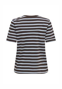 T-shirt à manches courtes avec des rayures horizontales noires et blanches vu de dos sur un fond blanc.