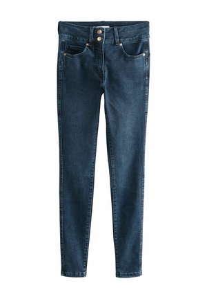 Un jean skinny en denim bleu foncé, comportant deux poches avant, une fermeture à deux boutons et des coutures discrètes le long des joints.