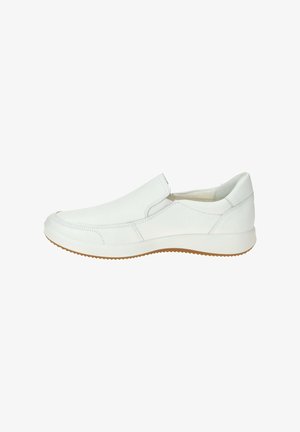 White slip-on shoes made of smooth leather with a rounded toe, featuring minimal stitching details and a rubber outsole with a textured pattern.