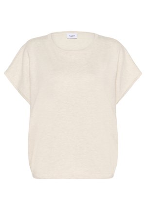 Camicuță de culoare crem deschis, cu mâneci scurte, confecționată dintr-un material moale, având un guler rotund și o siluetă relaxată. Design fără cusături, minimalist.