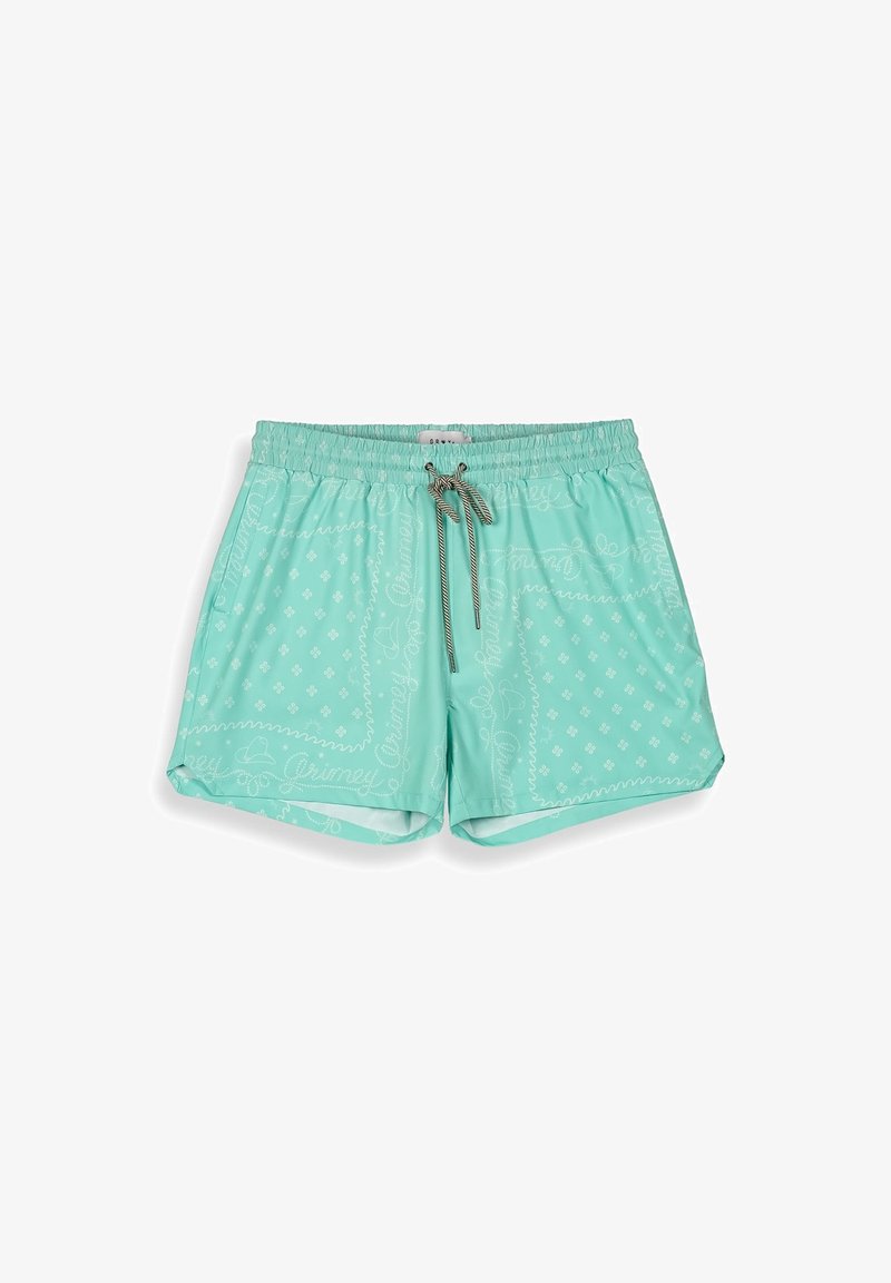 Turquoise zwembroek van lichtgewicht stof, met een verstelbare tailleband en subtiele witte patroonaccenten over het geheel.