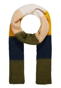 Écharpe douce en tricot avec de larges rayures horizontales crème, jaune moutarde, vert olive et bleu marine, enroulée en cercle.