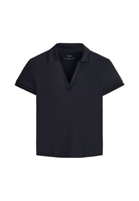 Polo noir à manches courtes avec col plié et ouverture en V profonde, posé à plat sur un fond blanc.