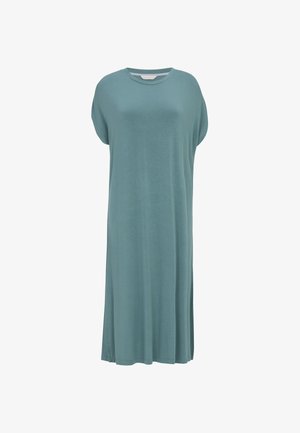 Loose-fit, short-sleeve, ankle-length teal dress with a round neckline and minimal detailing on a white background.