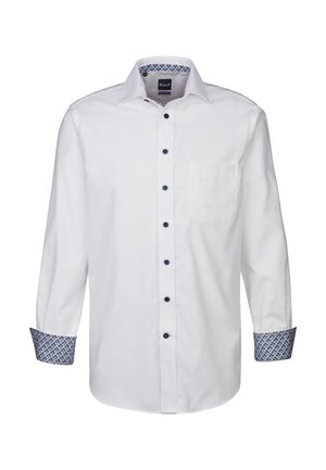 Camicia bianca a maniche lunghe con taschino sul petto, bottoni blu e polsini decorati con motivi geometrici blu e verdi.