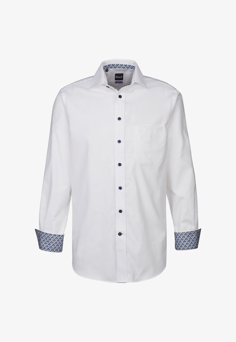 Weißes Langarmhemd mit einer Brusttasche, blauen Knöpfen und gemusterten Manschetten mit blauen und grünen geometrischen Designs.