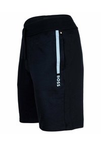 Zwarte shorts met een elastische tailleband, een trekkoord, een lichtblauwe zijstrip en een witte logodetail op het linkerpootje. Gladde stoftextuur.