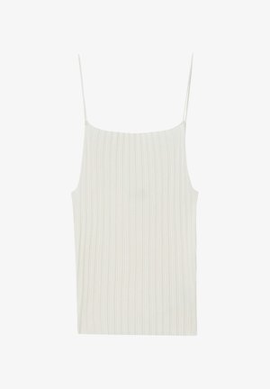 Camisole légère et côtelée en blanc cassé avec des fines bretelles. Présente de subtiles rayures verticales et une coupe décontractée. Texture lisse.