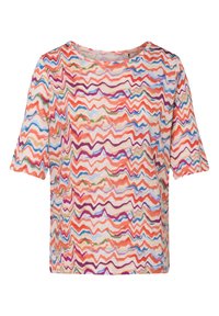 Short-sleeve, loose-fitting top in lightweight fabric featuring a wavy pattern in orange, pink, purple, and blue against a cream background.