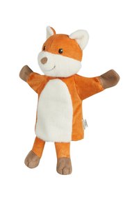 Orange and white fox hand puppet with brown paws, smiling face, and corduroy texture on a white background.