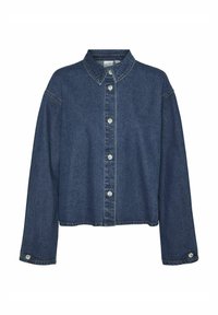 Denim jakna s ovratnikom, dolgimi rokavi, zapiranjem na gumb in krojenjem do pasu. Ima svetlo šivanje in kovinske gumbe.