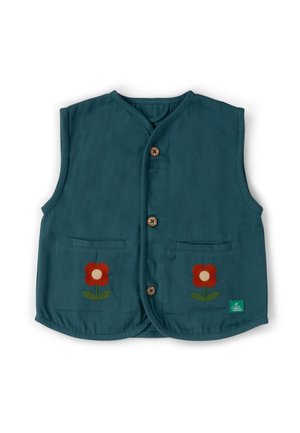 Teal sleeveless vest with three wooden buttons, two front pockets, each featuring a red flower with green leaves embroidered.