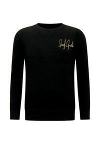 Zwarte sweatshirts met lange mouwen, ronde hals, goudkleurig geborduurd logo op de linkerborst en effen kleur zonder patronen of accenten.