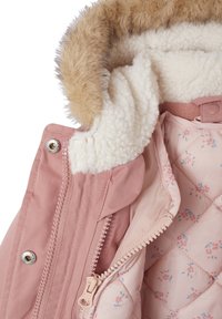 Padded pink jacket with faux fur collar and cozy lining. Features a floral patterned interior, visible zippers, and snap closures.