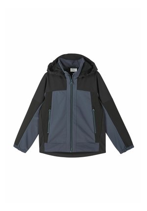 Schwarze und dunkelgraue Kapuzenjacke mit Frontreißverschluss und zwei seitlichen Reißverschlusstaschen, für den Outdoor-Einsatz konzipiert.
