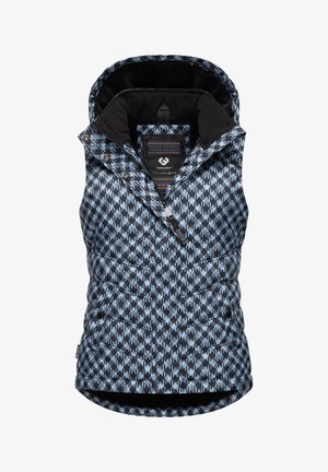 Vadderad väst med ett geometriskt mönster i blått och svart, med hög krage, dragkedjeslutning och tryckknappsdetaljer för en säker passform.