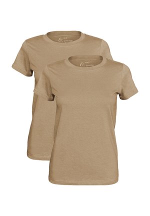 Paket mit zwei kurzärmeligen T-Shirts in einer hellen Beigefarbe. Hergestellt aus weicher Baumwolle, ausgestattet mit einem klassischen Rundhalsausschnitt und ohne auffällige Muster.