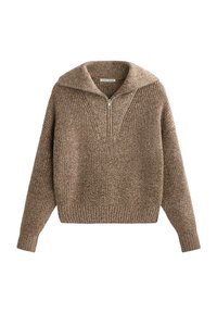 Pulover s polu-zip zatvaranjem, teksturirano smeđe pletenje, rebrasti rukavi i donji deo, s udobnim, oversized krojem i V-izrezom.
