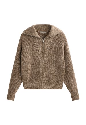 Pullover mit halbem Reißverschluss am Kragen, strukturiertem braunem Strick, gerippten Bündchen und Saum, mit einem gemütlichen, oversized Schnitt und V-Ausschnitt.