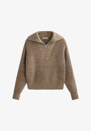Pullover trui met een halve rits kraag, gestructureerde bruine brei, geribde manchetten en zoom, met een handige, oversized pasvorm en v-hals.