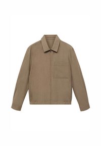 Giacca marrone chiaro realizzata in tessuto resistente, con colletto, zip completa e tasca sul petto; vestibilità comoda con maniche lunghe.
