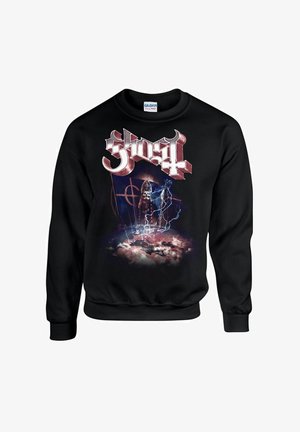 Sort sweatshirt med et grafisk print af lyn, skyer og en figur i religiøs påklædning, fremhævet af ordet "Ghost" i fed skrift.