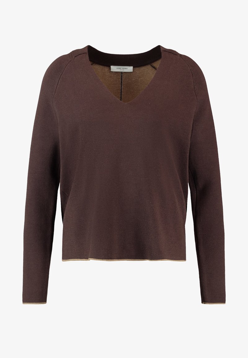 Pull marron à manches longues avec col en V, détail col rond et ourlet légèrement raccourci, fabriqué en tissu tricoté doux.