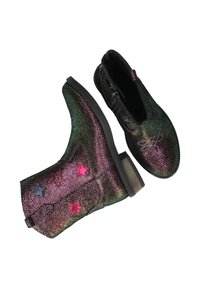 Glanzende enkellaarsjes met een meerkleurig gespikkeld textuur, voorzien van roze en rode ster borduursels, een zijrits en een platte zwarte zool.