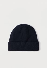 Tumši zils adīts cepure ar ribainu tekstūru un salocītu malu, bezšuvju augšdaļu un elastīgu materiālu ciešai piekļuvei.