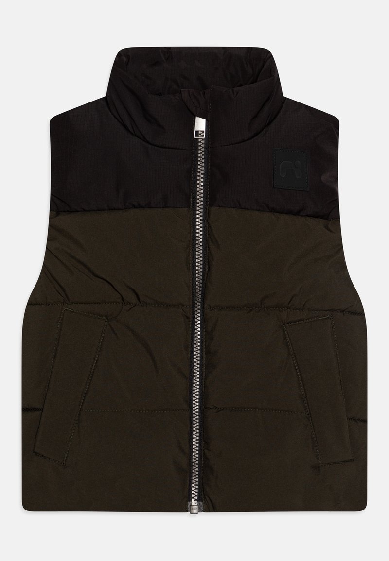 Veste sans manches matelassée avec partie supérieure noire, partie inférieure vert foncé, fermeture éclair à l'avant et deux poches latérales.