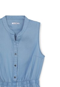 Light blue sleeveless denim dress with a collared neckline, front button closure, and an elastic waistband. Smooth texture and casual design.