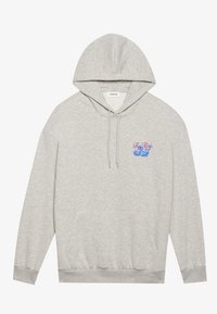 Grå hoodie lavet af blødt materiale, med en frontlomme, snoretræk og farverig tekstdesign på brystet. Løs pasform og lange ærmer.