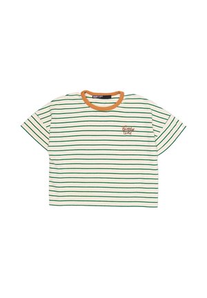 Biały krótki T-shirt z cienkimi zielonymi poziomymi paskami, kołnierzykiem w kolorze musztardowej żółci i małym haftowanym logo "Bimba Y Lola" na piersi.