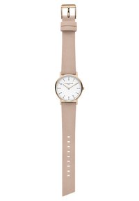 Runde Uhr mit einem weißen Zifferblatt, goldfarbenen Zeigern und einem glatten, hellbeigen Lederarmband mit verstellbaren Einschnitten und einer goldenen Schnalle.