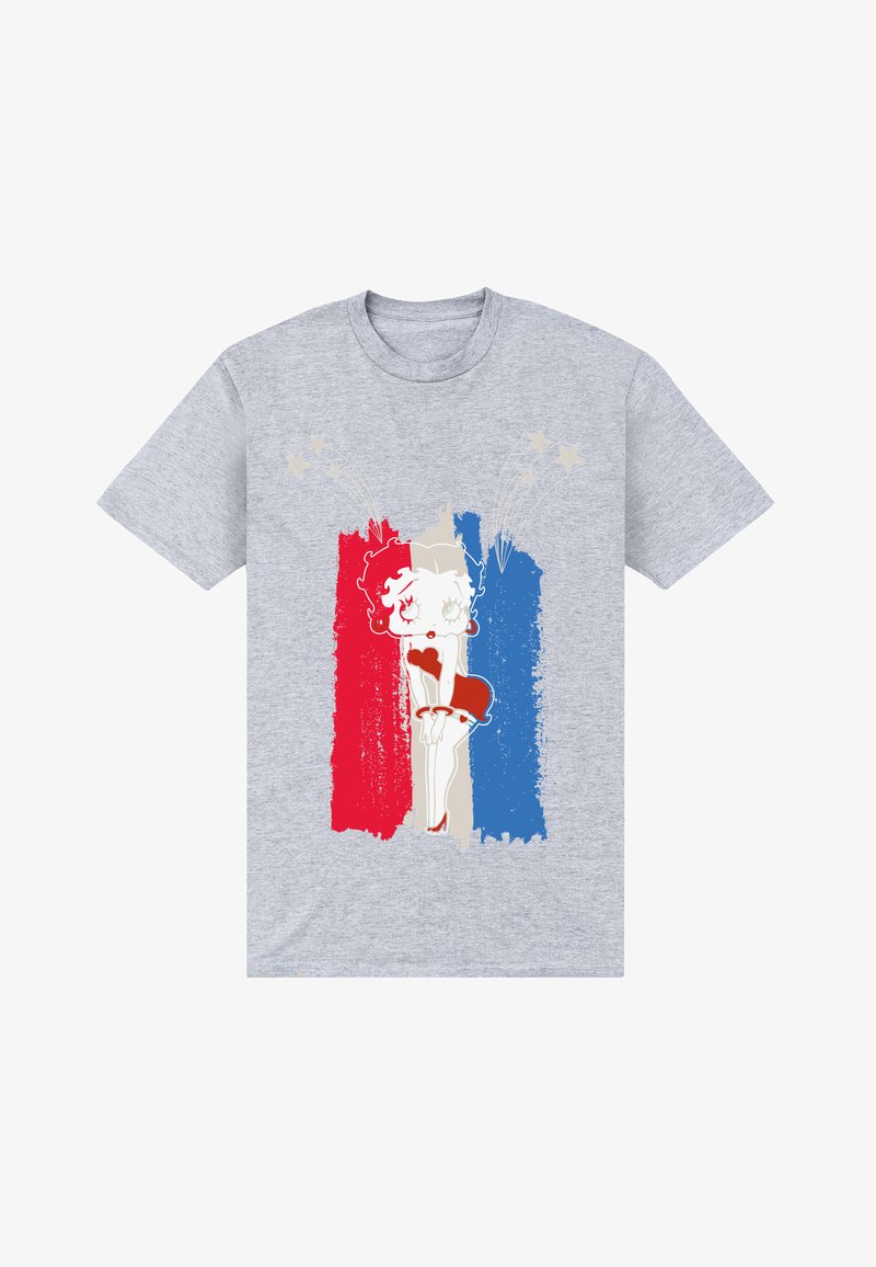 T-shirt gris clair mettant en scène une femme dessinée en robe rouge, avec des bandes de fond rouges, blanches et bleues, surmontées d'étoiles décoratives.
