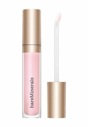 Læbepomade tube og applikator med lys pink gloss og gyldne låg, mærket "bareMinerals" synlig på tuben.