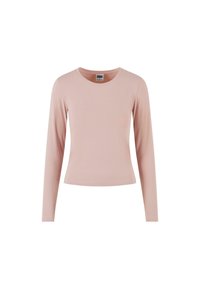 Light pink long-sleeve shirt made from soft fabric. Features a round neckline and a slim fit design. Smooth texture without patterns.