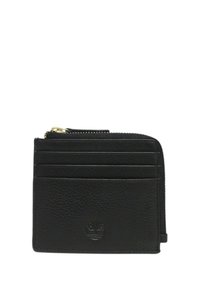 Portafoglio in pelle nera con superficie testurizzata, chiusura a zip, quattro slot per carte e dettaglio del logo in rilievo sulla parte anteriore.