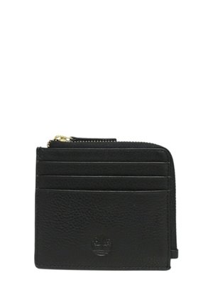 Portafoglio in pelle nera con superficie testurizzata, chiusura a zip, quattro slot per carte e dettaglio del logo in rilievo sulla parte anteriore.