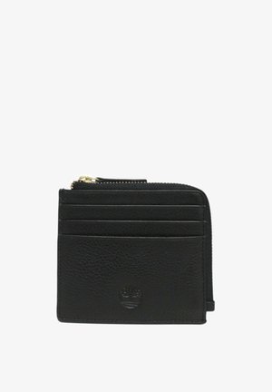 Portafoglio in pelle nera con superficie testurizzata, chiusura a zip, quattro slot per carte e dettaglio del logo in rilievo sulla parte anteriore.