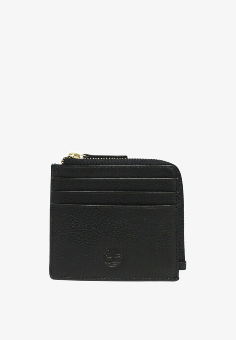 Portafoglio in pelle nera con superficie testurizzata, chiusura a zip, quattro slot per carte e dettaglio del logo in rilievo sulla parte anteriore.