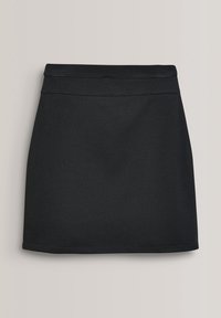 Jupe noire en tissu lisse et extensible, avec une large ceinture et une coupe ajustée. L'ourlet est droit avec des détails de couture minimaux.