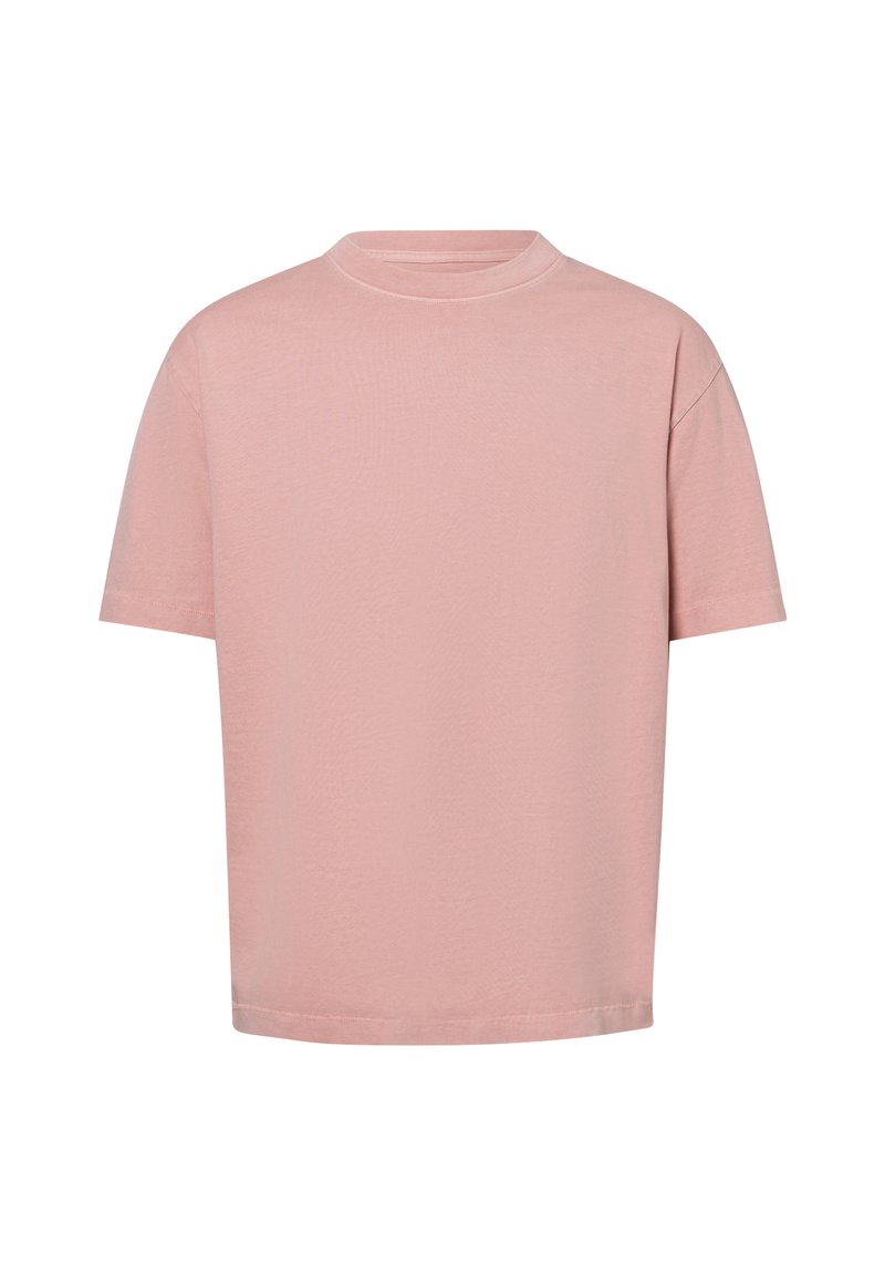 Kurzes pinkes Baumwoll-T-Shirt mit Rundhalsausschnitt, kurzen Ärmeln und lockerer Passform; glatte Textur ohne Muster oder Akzente.