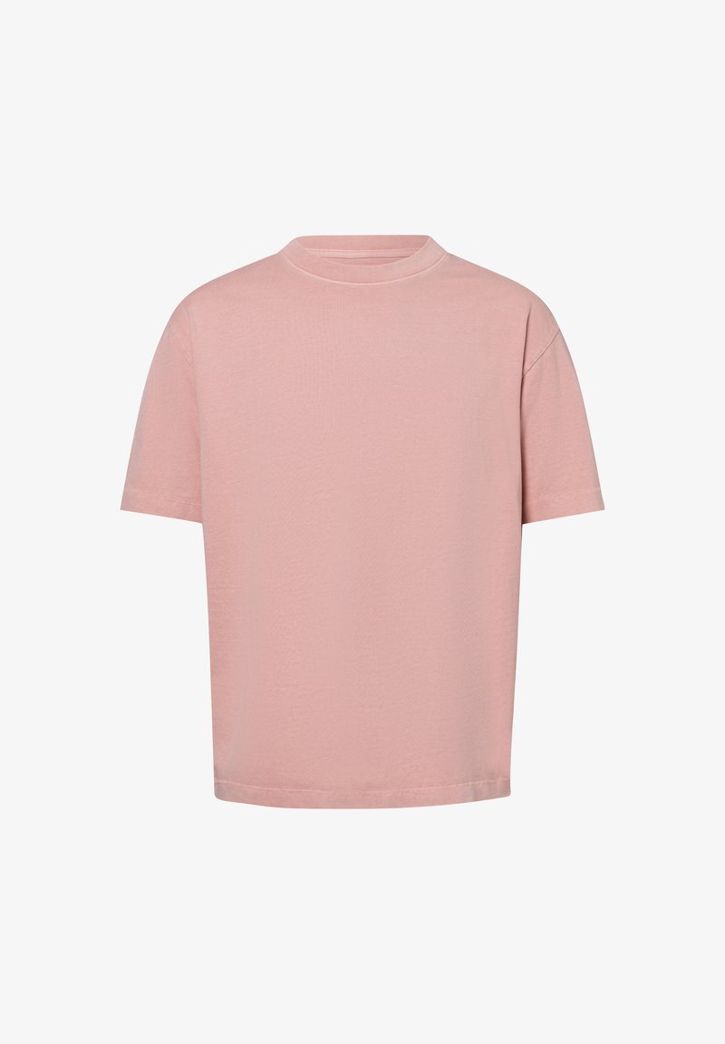 Short pink cotton t-shirt with a round neckline, short sleeves, and a relaxed fit; smooth texture with no patterns or accents.