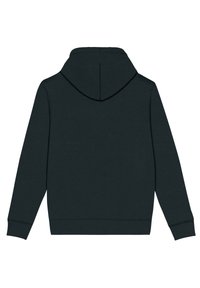 Felpa verde scuro con retro a lunghezza completa, tasca a marsupio e polsini a coste. Il materiale appare morbido con una superficie liscia e senza loghi visibili.