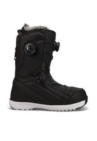 Black snowboarding boot with white sole, zip closure on side, two adjustable dials, and fleece lining at the top.