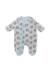 Szary kombinezon dla niemowląt z jasnoniebieskimi wykończeniami; posiada nadruk z postaciami i gwiazdami; wykonany z miękkiego materiału z zapięciem na zatrzask.